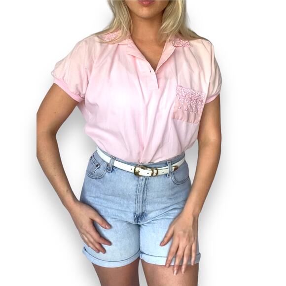 Vintage Baby Pink Pastel Barbie 50s Inspired Grease Retro Cropped Cuffed Blouse - Picture 2 of 4